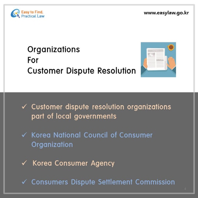 Organizations For Customer Dispute Resolution. 1. Customer dispute resolution organizations part of local governments. 2. Korea National Council of Consumer Organization. 3. Korea Consumer Agency. Consumers Dispute Settlement Commission.